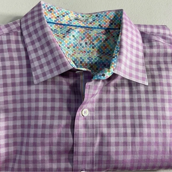 Bugatchi Dress Shirt Men’s Size L Purple Check Flip Turn Contrast Cuff - Picture 2 of 12